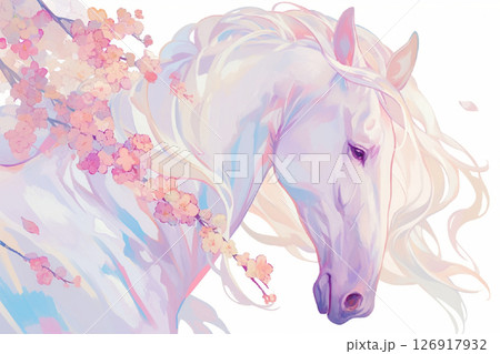 桜の枝と白い馬のイラスト素材 [126917932] - PIXTA
