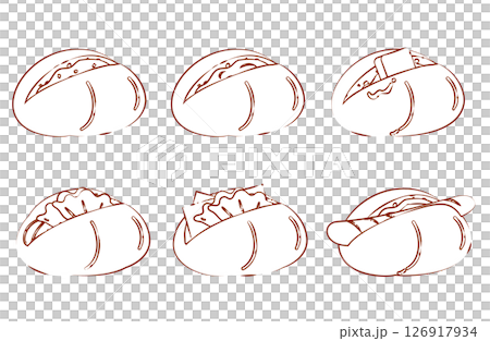 手繪插圖集鹹味麵包和三明治式圓麵包 126917934