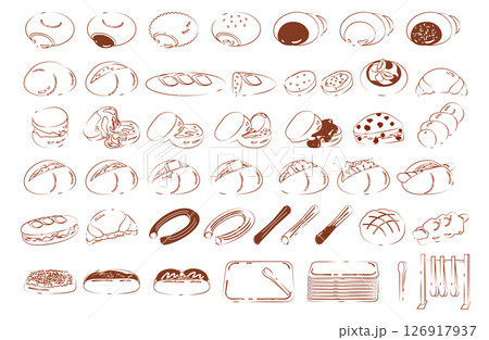 いろいろなパンとトング・トレイの手描きイラストセット 126917937