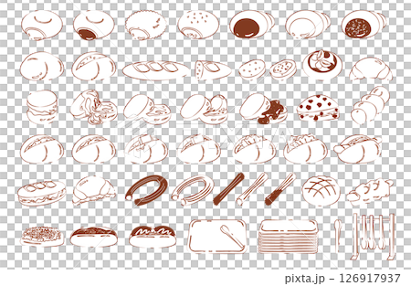 いろいろなパンとトング・トレイの手描きイラストセット 126917937