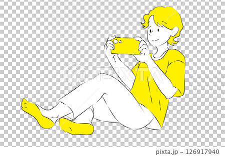スマホゲームを楽しむリラックス男性のイラスト 126917940