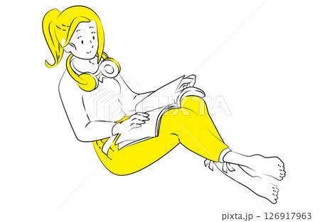 ヘッドホンをつけて読書するリラックス女性のイラスト ヘッドホンをつけて読書するリラックス女性のイラスト 126917963