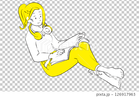 ヘッドホンをつけて読書するリラックス女性のイラスト ヘッドホンをつけて読書するリラックス女性のイラスト 126917963