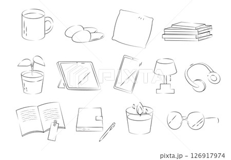 おうち時間のリラックス小物セットのイラスト おうち時間のリラックス小物セットのイラスト 126917974