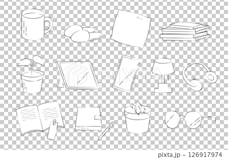 おうち時間のリラックス小物セットのイラスト おうち時間のリラックス小物セットのイラスト 126917974