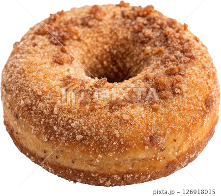 Freshly baked golden brown cinnamon donut with a crisp sugary exterior and a soft doughy interior 126918015
