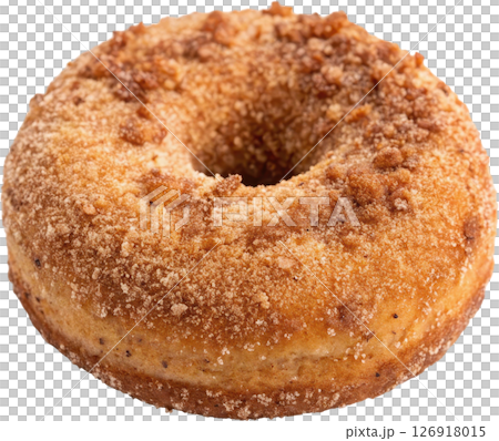 Freshly baked golden brown cinnamon donut with a crisp sugary exterior and a soft doughy interior 126918015