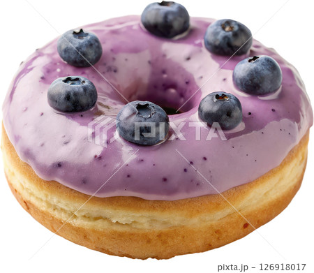 Delectable blueberry infused donut with a smooth creamy icing topping and fresh blueberries for a decadent and visually appealing dessert 126918017