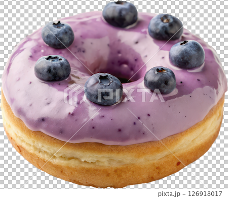 Delectable blueberry infused donut with a smooth creamy icing topping and fresh blueberries for a decadent and visually appealing dessert 126918017