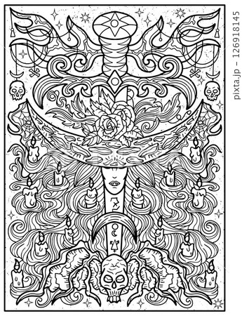 Fantasy engraved illustration with sword and decorated elements for tattoo, print, tarot cards. Vector line art graphic for coloring page. Gothic, epic and vintage concept with mystic symbols Fantasy engraved illustration with sword and decorated elements for tattoo, print, tarot cards. Vector line art graphic for coloring page. Gothic, epic and vintage concept with mystic symbols 126918145