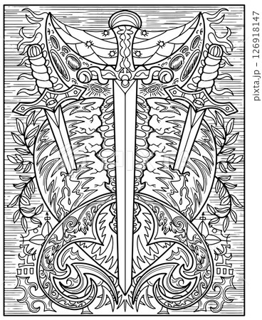 Fantasy engraved illustration with three swords, broken heart and decorated elements for coloring, tattoo, print, tarot cards. Vector line art graphic. Gothic, epic and vintage concept Fantasy engraved illustration with three swords, broken heart and decorated elements for coloring, tattoo, print, tarot cards. Vector line art graphic. Gothic, epic and vintage concept 126918147