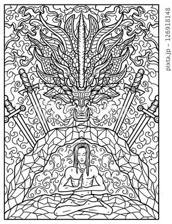 Fantasy engraved illustration with four swords, dragon, hero and decorated elements for coloring page, tattoo, print, tarot cards. Vector line art graphic. Gothic, epic and vintage concept 126918148