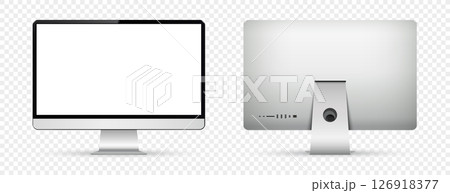 Realistic computer screen mockup. Computer monitor front and back view on transparent background. 126918377