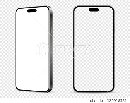 Mockup of mobile phone. Front and side view with white and empty screen on transparent background. 126918381
