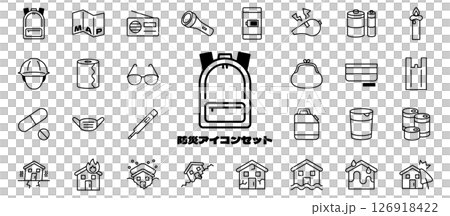 防災アイコンベクターイラストセット シンプル 防災の日 災害 持ち差しセット 126918422