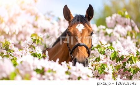 Brown mare with a beautiful mane in a green meadow 126918545
