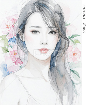 さわやかな若い女性水彩画風03 126918638