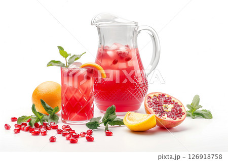 Refreshing pomegranate juice pitcher with fresh fruits and garnishes on white background 126918758