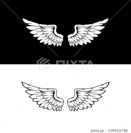 editable wings vector, wings angle, black and white, hawk wings, eagle wings, bird, feather, isolated background, wing set for t-shirt elements, coloring page vector 126918796