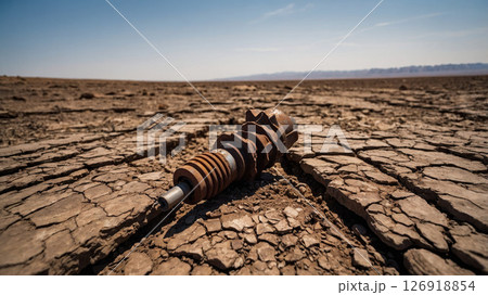 Rusted Object Lies on Cracked Earth Under Clear Sky in a Desert Landscape 126918854