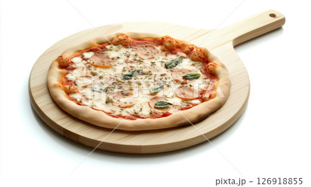 Round tasty pizza served on a wooden board isolated on white background 126918855
