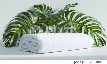 White towel resting on surface with tropical monstera plant leaves 126918856