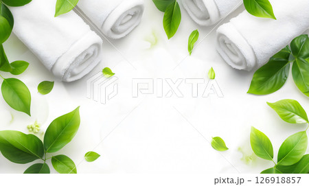 White towels surrounded by green leaves on white background 126918857