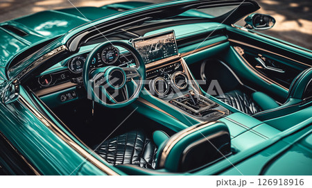 Luxurious teal convertible car interior with modern dashboard and leather seats Luxurious teal convertible car interior with modern dashboard and leather seats 126918916