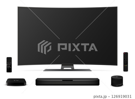 Realistic curved tv screen, remote control, sound bar, tv set-top box and smart speaker Realistic curved tv screen, remote control, sound bar, tv set-top box and smart speaker 126919031