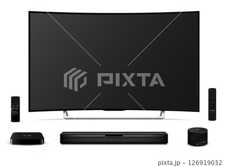 Realistic curved tv screen, remote control, sound bar, tv set-top box and smart speaker 126919032