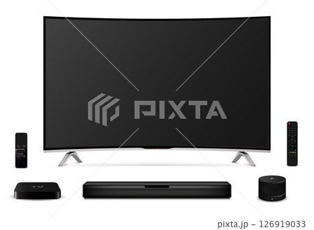 Smart oled curved tv with remote control, sound bar, tv set-top box and smart speaker Smart oled curved tv with remote control, sound bar, tv set-top box and smart speaker 126919033