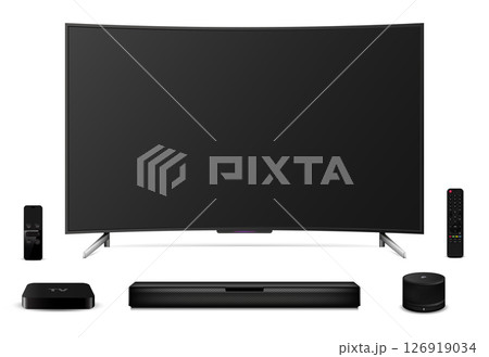 Realistic curved tv, remote control, soundbar, tv set-top box and smart speaker Realistic curved tv, remote control, soundbar, tv set-top box and smart speaker 126919034