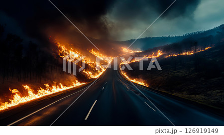 Highway with burning forest and mountains on the sides 126919149