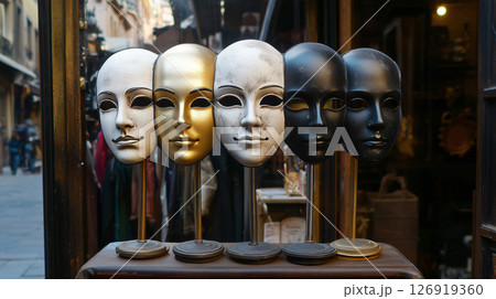 Five theatrical masks displayed on stands in a shop window 126919360