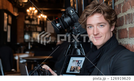 Photographer smiling while holding camera in cafe Photographer smiling while holding camera in cafe 126919620