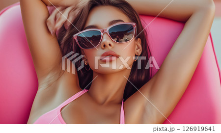 Beautiful woman wearing sunglasses relaxing on pink inflatable mattress 126919641