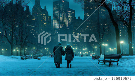 Elderly interracial couple holding hands walking in central park winter 126919675