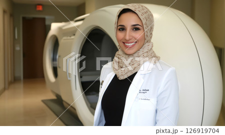 Muslim doctor smiling in hospital corridor next to modern medical equipment 126919704