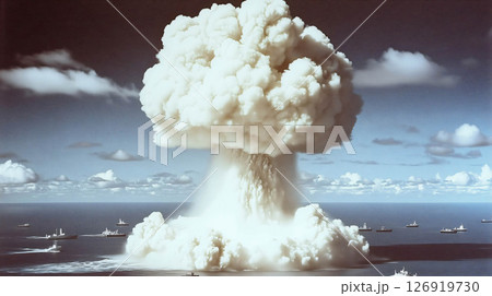 Aerial view of mushroom cloud from nuclear detonation over ocean with navy ships observing 126919730