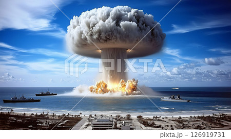 Nuclear explosion creating a mushroom cloud over the ocean near warships 126919731