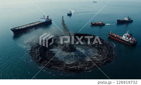 Underwater nuclear explosion creating a new island with cargo ships observing 126919732
