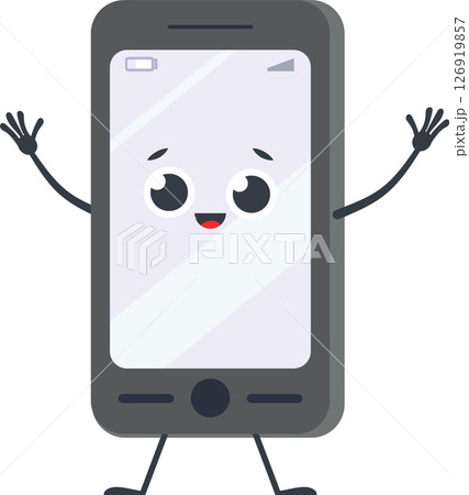 Cartoon smartphone character waving with arms and legs, featuring a cheerful expression, embodying the fun and connectivity of mobile technology Cartoon smartphone character waving with arms and legs, featuring a cheerful expression, embodying the fun and connectivity of mobile technology 126919857