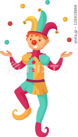Smiling joker juggling vibrant, colorful balls while dressed in a whimsical costume featuring a pointy hat adorned with bells and curly shoes, entertaining an audience with a lively performance Smiling joker juggling vibrant, colorful balls while dressed in a whimsical costume featuring a pointy hat adorned with bells and curly shoes, entertaining an audience with a lively performance 126919866