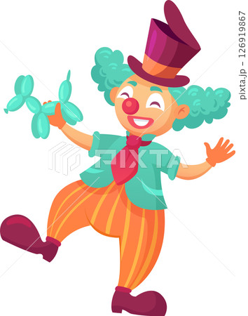Cartoon illustration of a happy clown with curly green hair, wearing a top hat, holding a balloon animal and dancing, isolated on a white background Cartoon illustration of a happy clown with curly green hair, wearing a top hat, holding a balloon animal and dancing, isolated on a white background 126919867