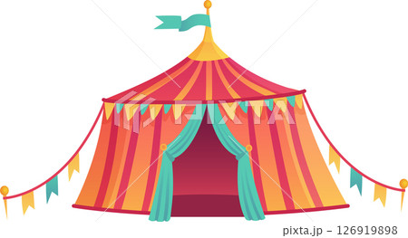 Brightly striped circus tent with open entrance, decorated with colorful flags, creates a festive atmosphere, inviting visitors to enter and experience the magic of the show 126919898