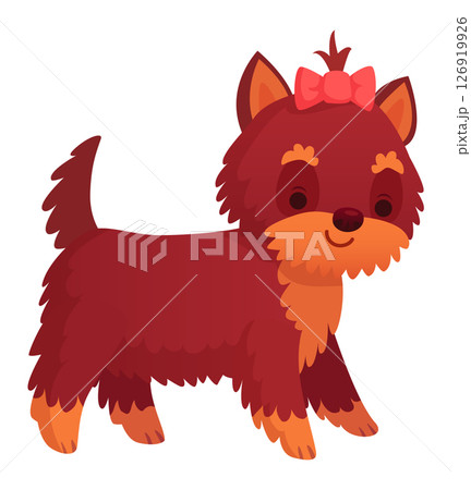Adorable Yorkshire Terrier puppy walking happily with a stylish pink bow, showcasing its fluffy fur and charming personality, perfect for pet lovers and children illustrations Adorable Yorkshire Terrier puppy walking happily with a stylish pink bow, showcasing its fluffy fur and charming personality, perfect for pet lovers and children illustrations 126919926
