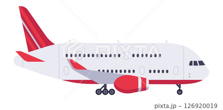 Modern passenger airplane featuring a striking red and white livery, parked on the ground in a side view perspective, capturing the essence of aviation and travel concepts 126920019