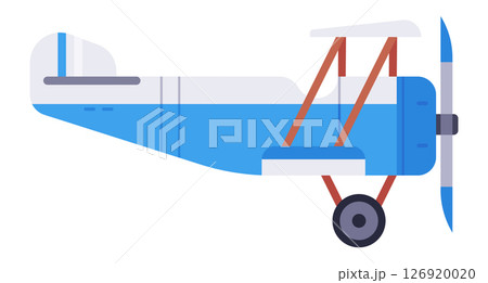 Colorful biplane soaring through a bright blue sky, showcasing a striking blue fuselage, pristine white wings, and a charming wooden frame connecting the upper and lower wings 126920020