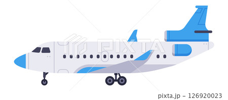 Passenger airplane with blue and gray elements standing on the ground, side view of a modern aircraft parked on the runway or in the hangar, concept of commercial aviation and air travel 126920023