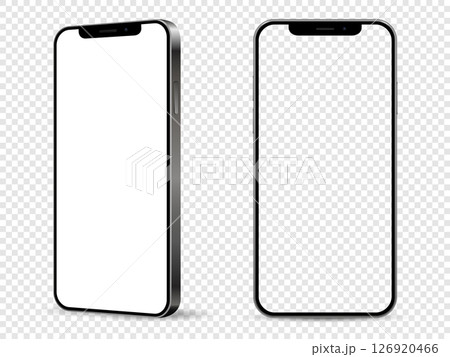Mockup of mobile phone. Front and side view with white and empty screen on transparent background. Mockup of mobile phone. Front and side view with white and empty screen on transparent background. 126920466